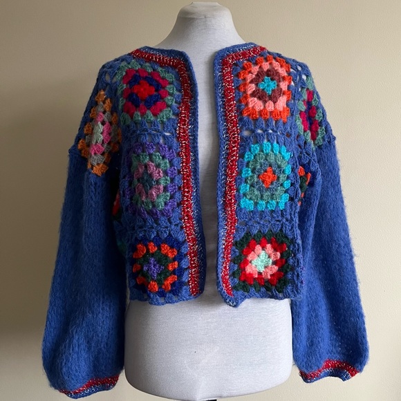 vintage handmade crocheted granny square cardigan - Picture 1 of 15